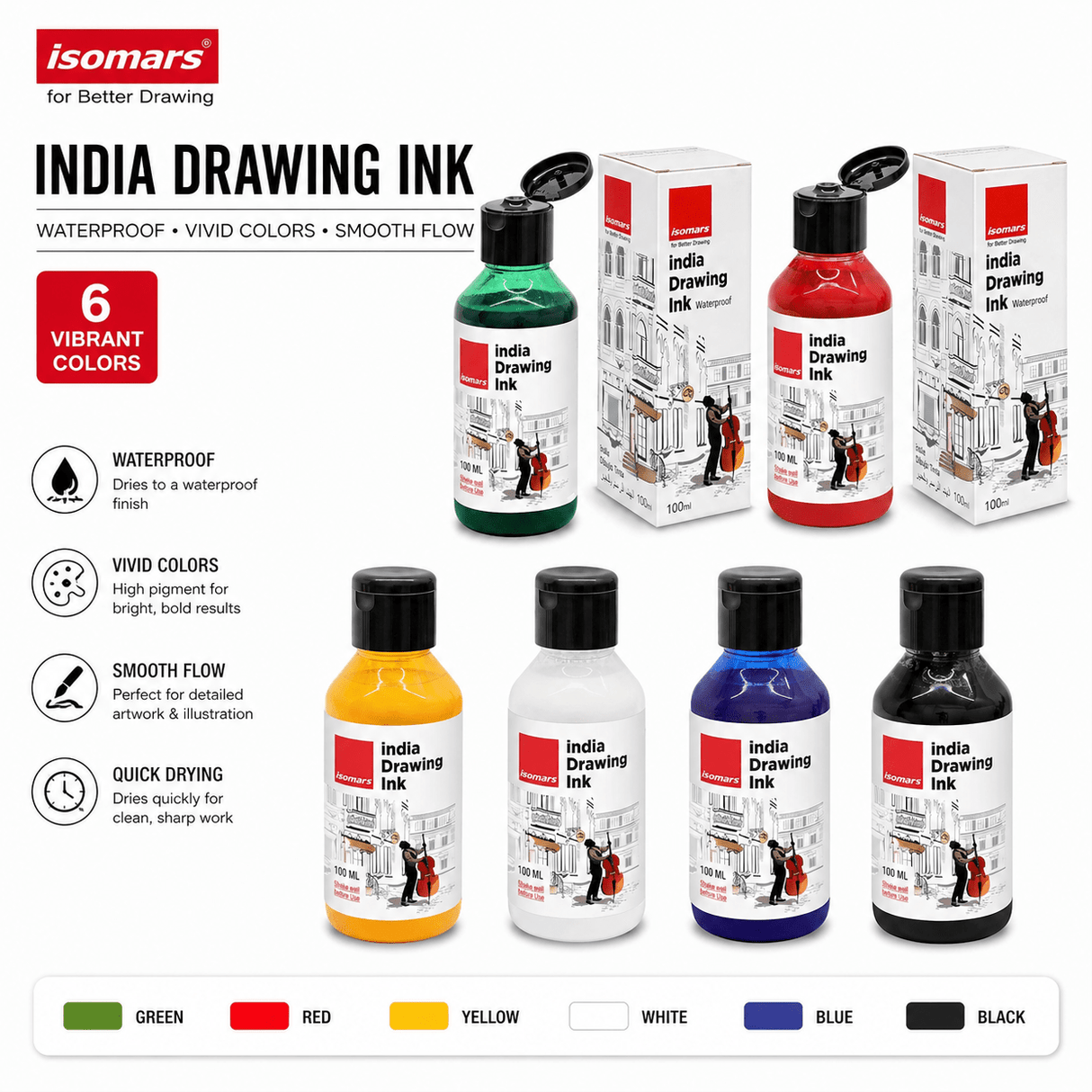 Isomars India Waterproof Drawing Ink, 100ml x 6 Colours, Fadeproof, Non-Toxic, Professional Art Supplies - Isomars