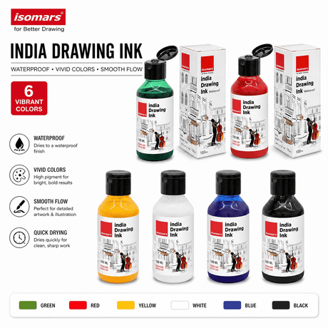 Isomars India Waterproof Drawing Ink, 100ml x 6 Colours, Fadeproof, Non-Toxic, Professional Art Supplies - Isomars