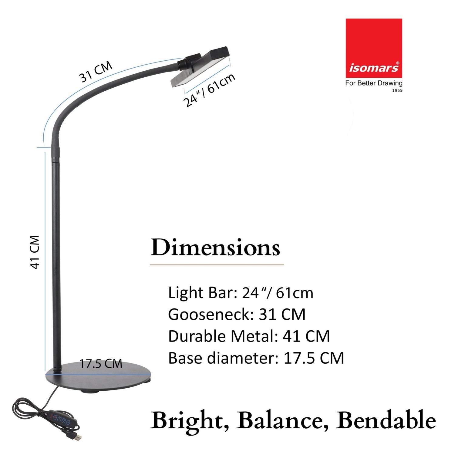 Isomars LED Desk Lamp for Computer Monitor & Laptop 24 Inch | Eye Friendly USB Study Light with Circular Base, Flexible Gooseneck, 3 Color Modes & 10 Brightness Levels for Reading, Office & Workbench - Isomars