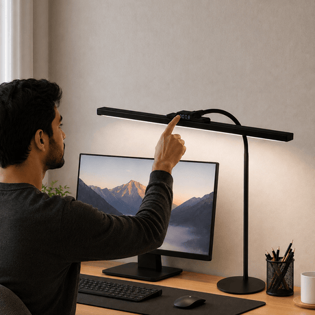 Isomars LED Desk Lamp for Computer Monitor & Laptop 24 Inch | Eye Friendly USB Study Light with Circular Base, Flexible Gooseneck, 3 Color Modes & 10 Brightness Levels for Reading, Office & Workbench - Isomars