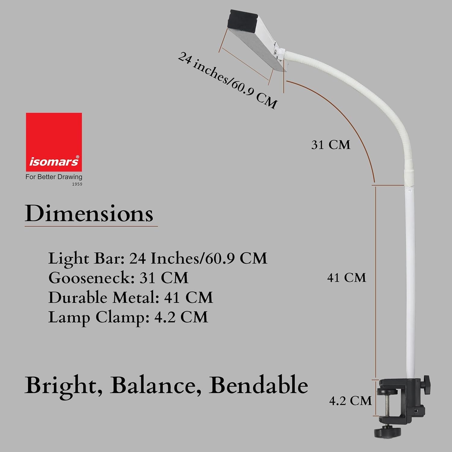Isomars LED Desk Lamp for Computer Monitor & Laptop with Clamp 24 Inch | Eye Friendly USB Study Light, 3 Color Modes, 10 Brightness Levels for Reading, Studying, Working (White) - Isomars