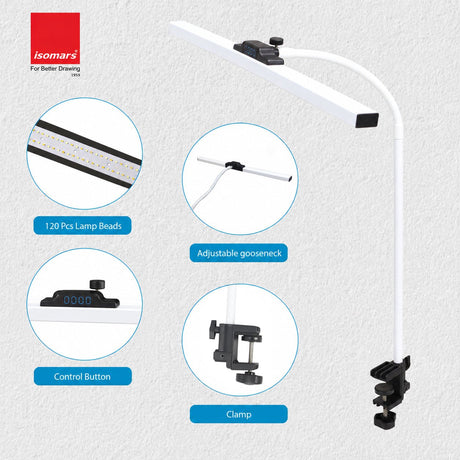 Isomars LED Desk Lamp for Computer Monitor & Laptop with Clamp 24 Inch | Eye Friendly USB Study Light, 3 Color Modes, 10 Brightness Levels for Reading, Studying, Working (White) - Isomars
