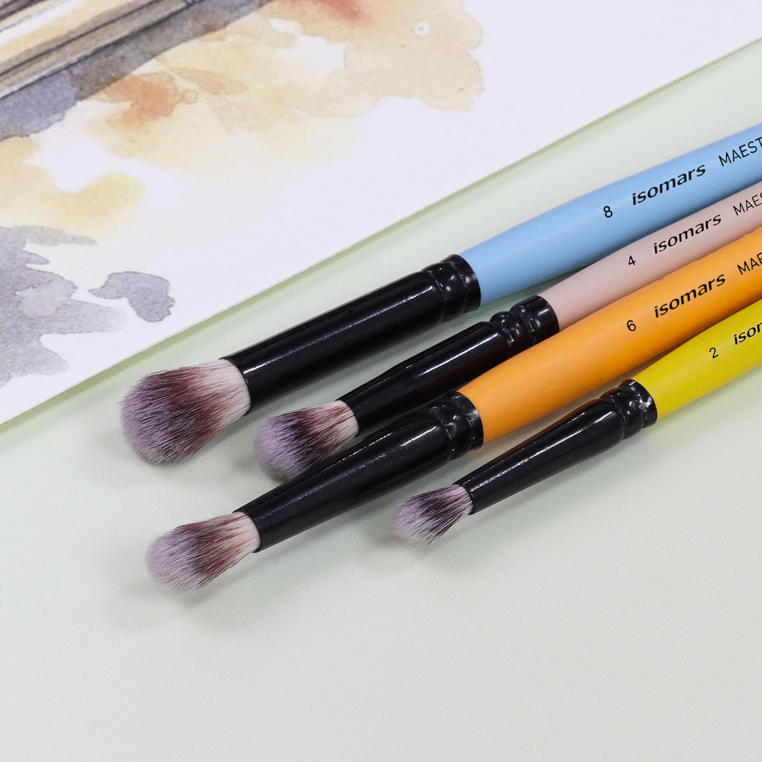 Isomars Maestro Blending Brush Set of 4 - Professional Round Artist Brushes for Soft Blending, Shading and Transitions - Colorful Wooden Handles - Sizes 2, 4, 6, 8 - Isomars