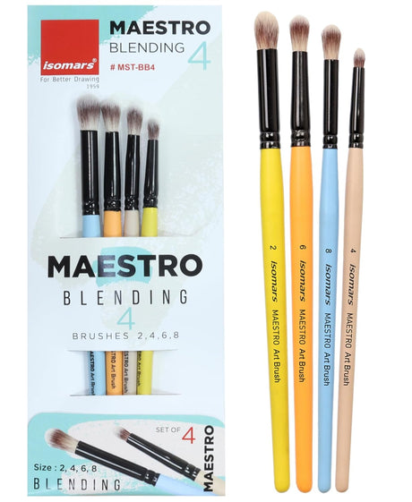 Isomars Maestro Blending Brush Set of 4 - Professional Round Artist Brushes for Soft Blending, Shading and Transitions - Colorful Wooden Handles - Sizes 2, 4, 6, 8 - Isomars