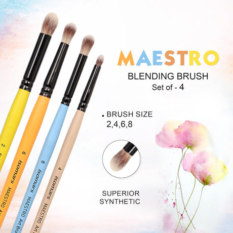 Isomars Maestro Blending Brush Set of 4 - Professional Round Artist Brushes for Soft Blending, Shading and Transitions - Colorful Wooden Handles - Sizes 2, 4, 6, 8 - Isomars