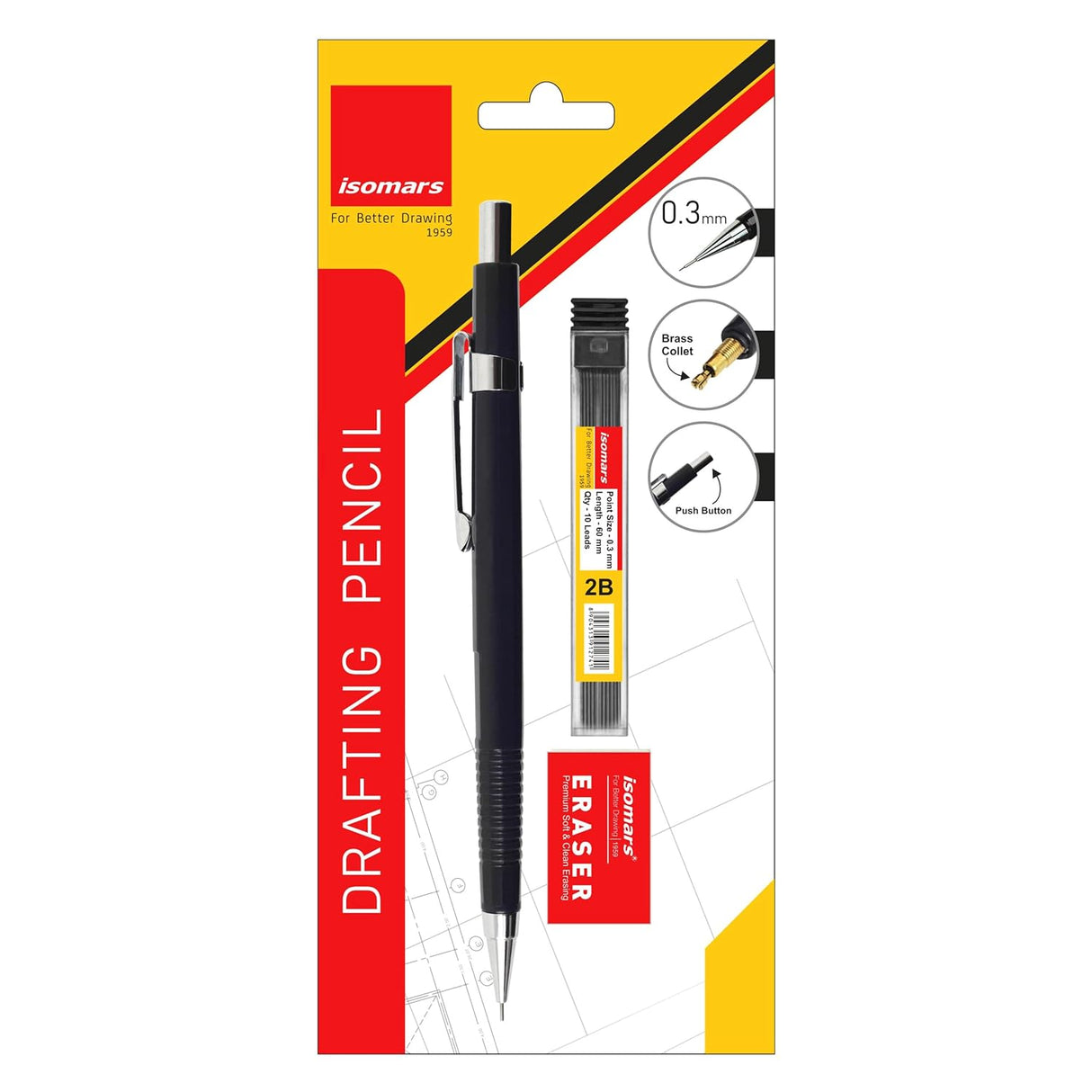 Isomars Mechanical Pencil 0.3mm - (DRAFTING) with Leads & Eraser - Black - Isomars