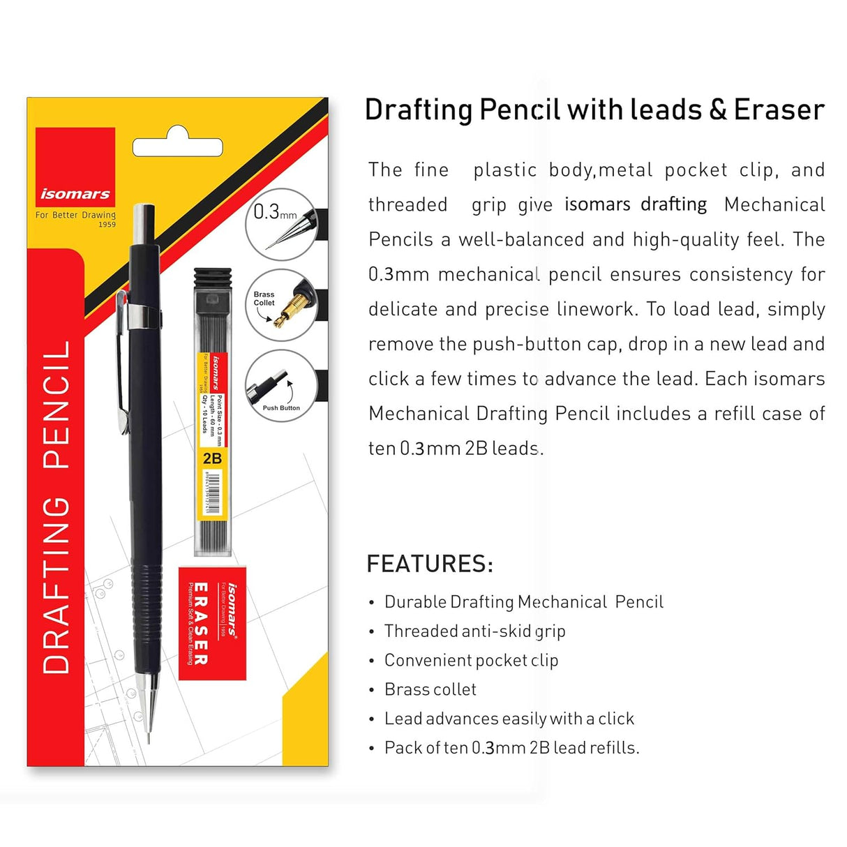 Isomars Mechanical Pencil 0.3mm - (DRAFTING) with Leads & Eraser - Black - Isomars