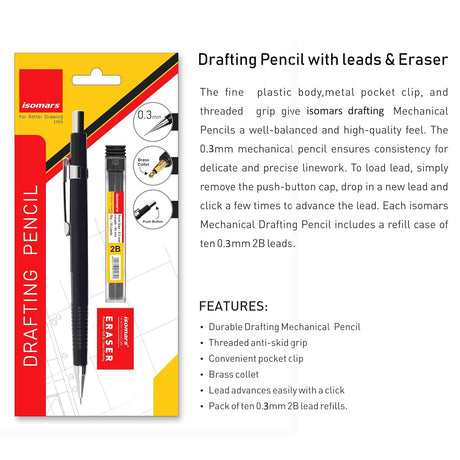 Isomars Mechanical Pencil 0.3mm - (DRAFTING) with Leads & Eraser - Black - Isomars