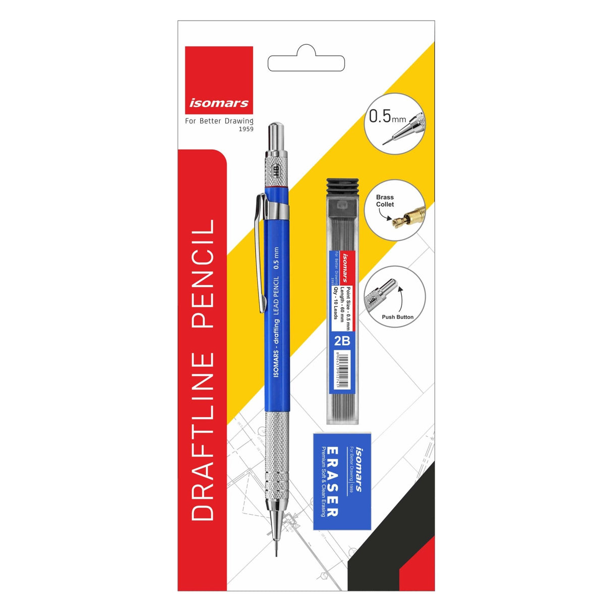 Isomars Mechanical Pencil 0.5mm - Drafting with Leads & Eraser - Blue - Isomars