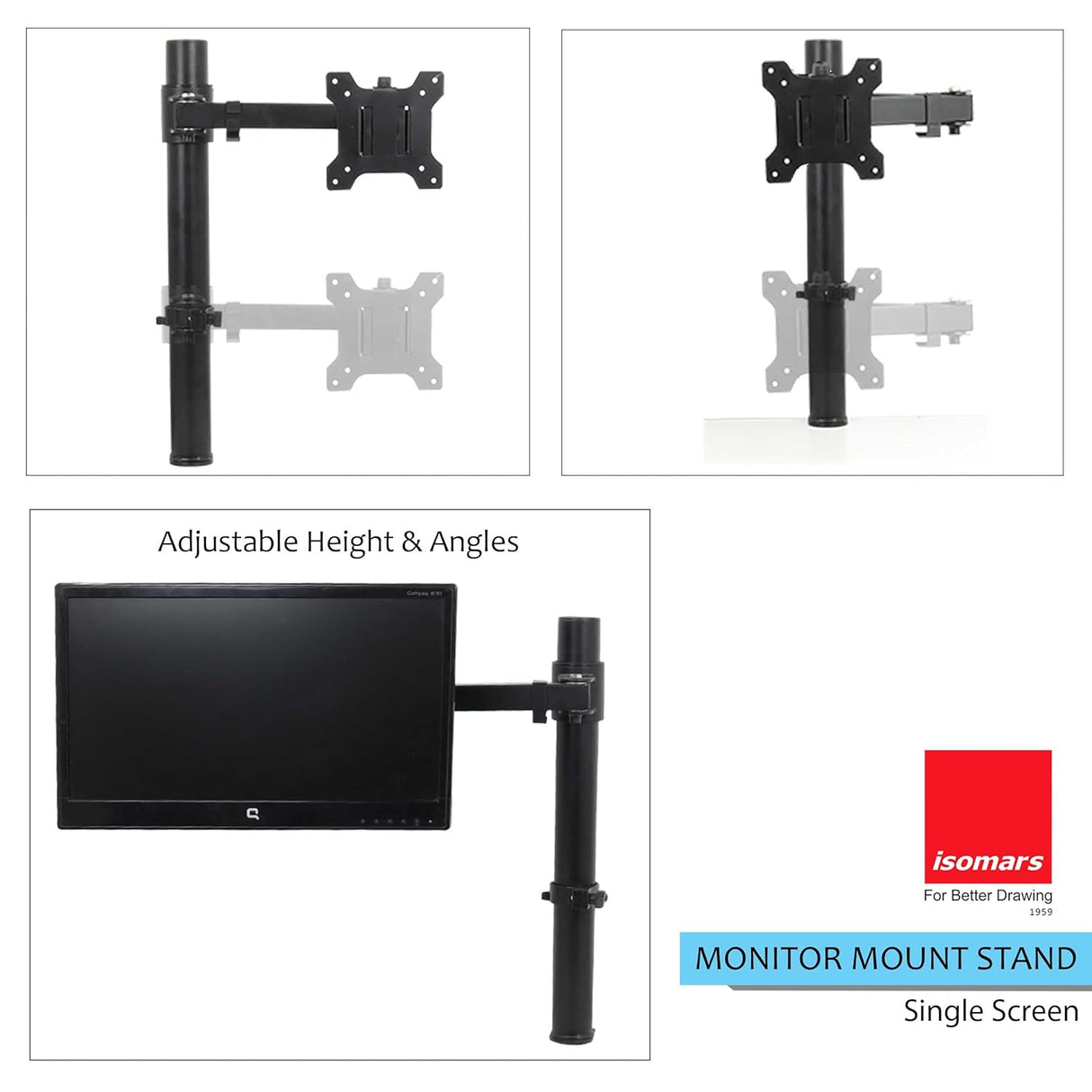 Isomars Monitor Mount Stand Single Screen - Adjustable Height & Angles - Isomars
