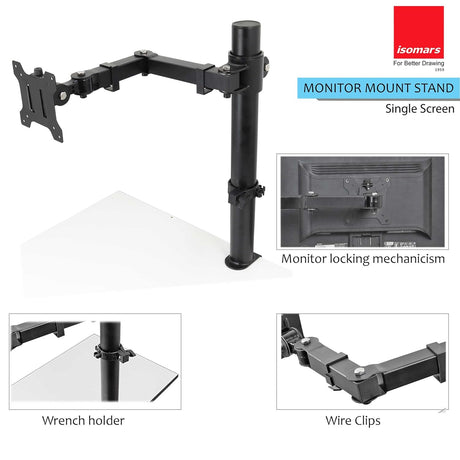 Isomars Monitor Mount Stand Single Screen - Adjustable Height & Angles - Isomars