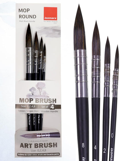 Isomars Mop Brush Set of 4 - Professional Watercolor Paint Brushes- Round Wash Brushes Ideal for Watercolor, Acrylic, Gouache, and Ink - Artist Grade Soft Synthetic Hair (Size: 0, 2, 4 & 8) - Isomars