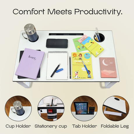 Isomars Multipurpose Bed Desk / Floor Desk Laptop Study Table for Work from Home, Online Classes, Card Games and Kid's Activities, Length - 76 cm, Width - 43 cm and Height - 25 cm (White) - Isomars