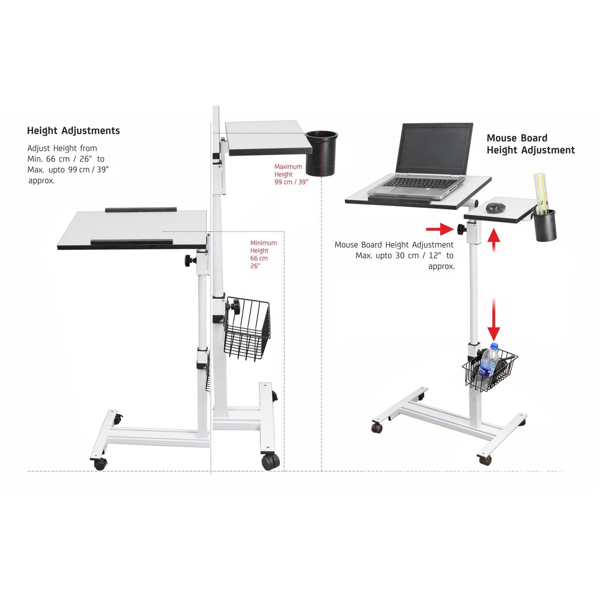 Isomars Multipurpose Laptop Table Study Desk, Caster Lockable Wheels, & Height Adjustable for Breakfast Table, Work from Home & Online Classes (White) - Isomars