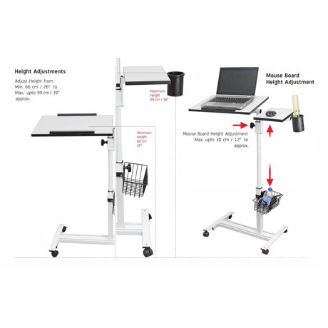 Isomars Multipurpose Laptop Table Study Desk, Caster Lockable Wheels, & Height Adjustable for Breakfast Table, Work from Home & Online Classes (White) - Isomars