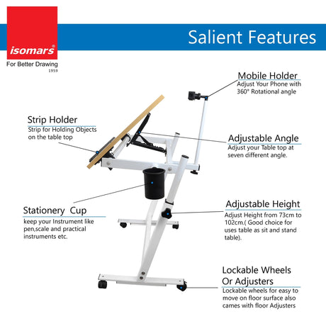 Isomars Multipurpose Laptop Table Study Desk Drawing Table, Caster Lockable Wheels, Adjustable Height and Angle for Work from Home, Office, Bedroom - Isomars