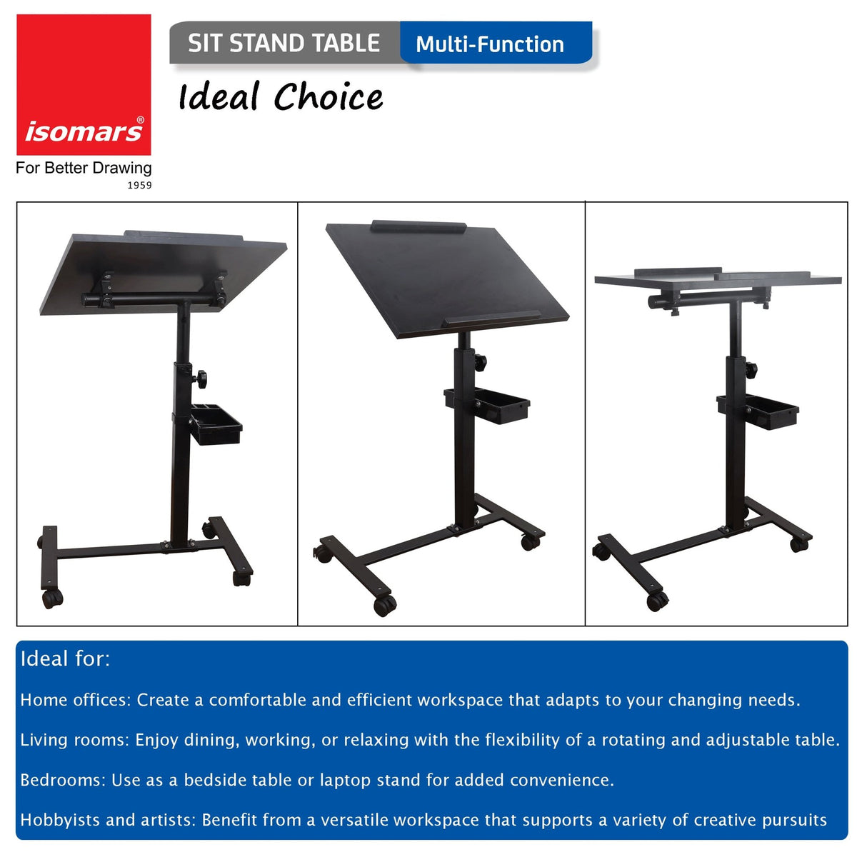 Isomars Multipurpose Laptop Table Study Desk, Lockable Wheels, & Adjustable Height And Angle For Breakfast Table, Wfh & Online Classes (Black) - Isomars