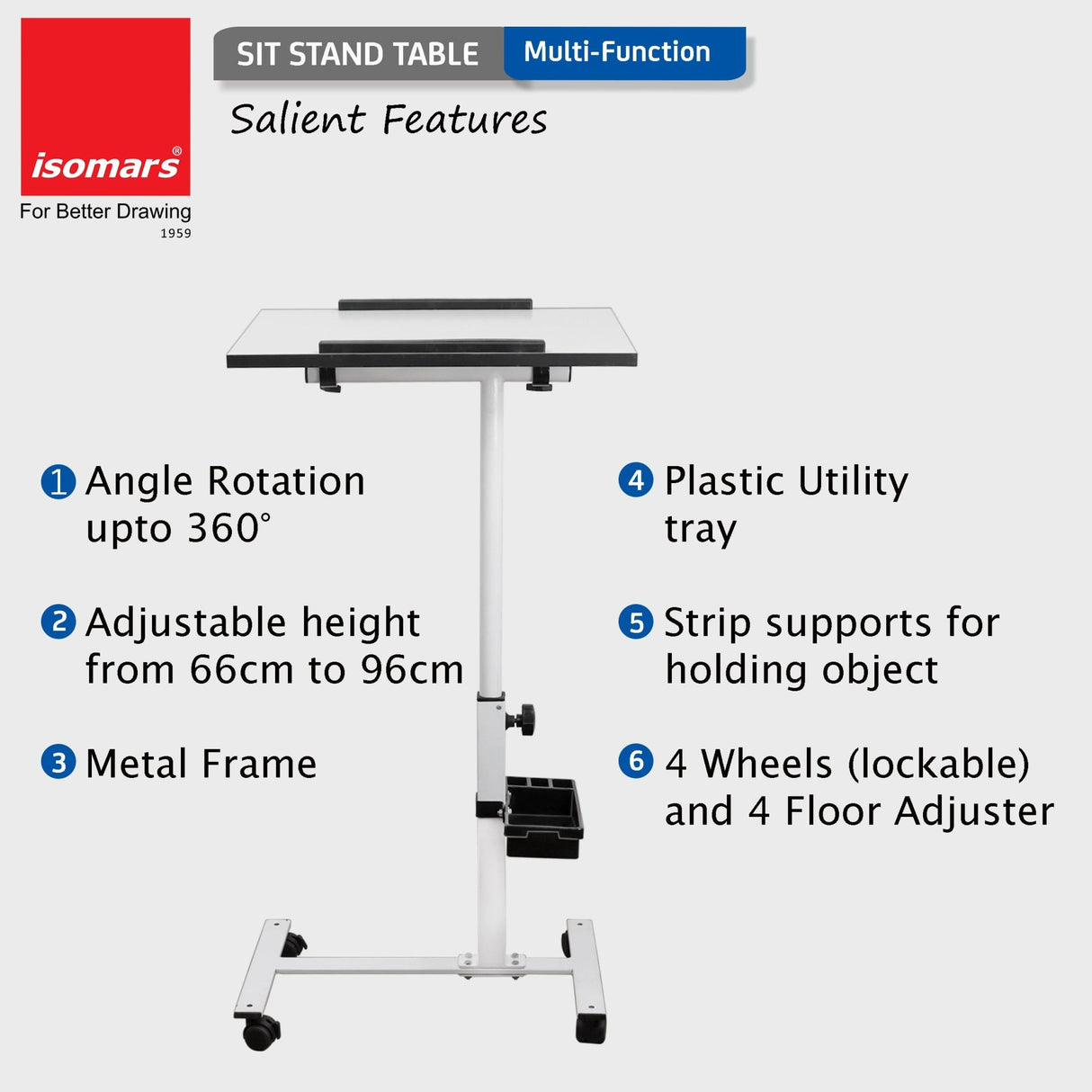 Isomars Multipurpose Laptop Table Study Desk, Lockable Wheels, & Adjustable Height And Angle For Breakfast Table, Wfh & Online Classes (White) - Isomars