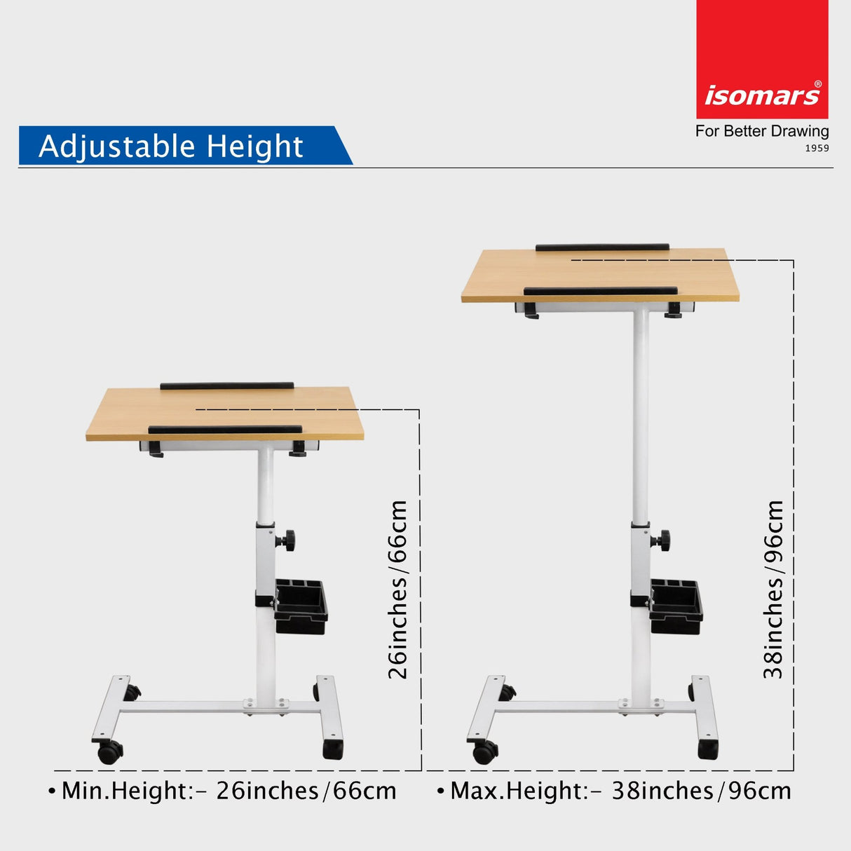 Isomars Multipurpose Laptop Table Study Desk, Lockable Wheels, & Adjustable Height and Angle for Breakfast Table, WFH & Online Classes (Wooden) - Isomars