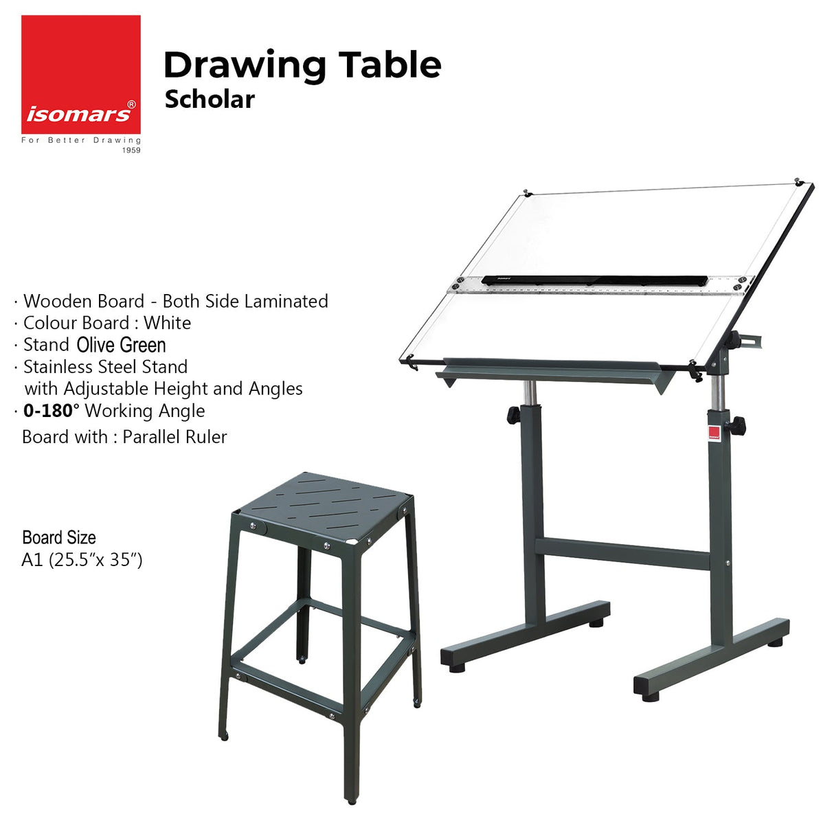 Isomars Olive Green Drawing Board Table - Scholar A1 White Laminated Board 25.5"x35" with Parallel Ruler and Drafting Olive Green Metal Stool Set | Complete Engineer, Draughtsman, Architects Set - Isomars