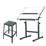 Isomars Olive Green Drawing Board Table - Scholar A1 White Laminated Board 25.5"x35" with Parallel Ruler and Drafting Olive Green Metal Stool Set | Complete Engineer, Draughtsman, Architects Set - Isomars