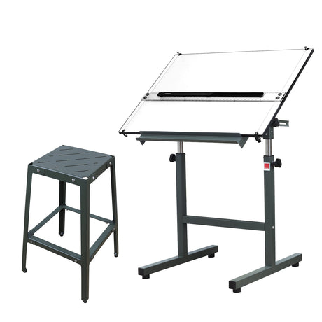 Isomars Olive Green Drawing Board Table - Scholar A1 White Laminated Board 25.5"x35" with Parallel Ruler and Drafting Olive Green Metal Stool Set | Complete Engineer, Draughtsman, Architects Set - Isomars