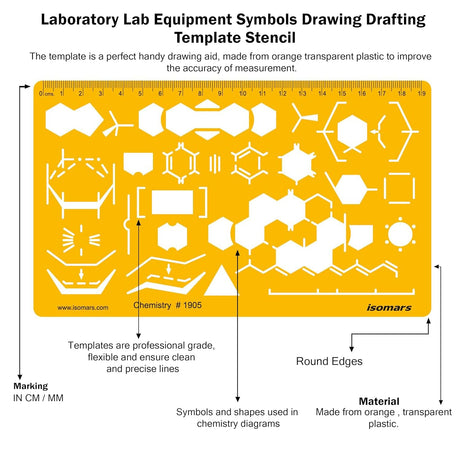 Isomars Organic Chemistry Drawing Template Stencil, Molecular Structure & Chemical Bond Diagram Tool with Benzene Rings, Hexagons, Reaction Symbols and cm/mm Ruler for Students, Chemistry Practicals & Scientific Drafting - Isomars