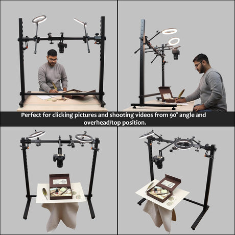 ISOMARS Overhead Camera & Phone Stand | Adjustable 10 Height Levels Product Photography Stand with Dual Light Holders, Background Sheet Brackets & Clips for Overhead Photos & Videos - Isomars