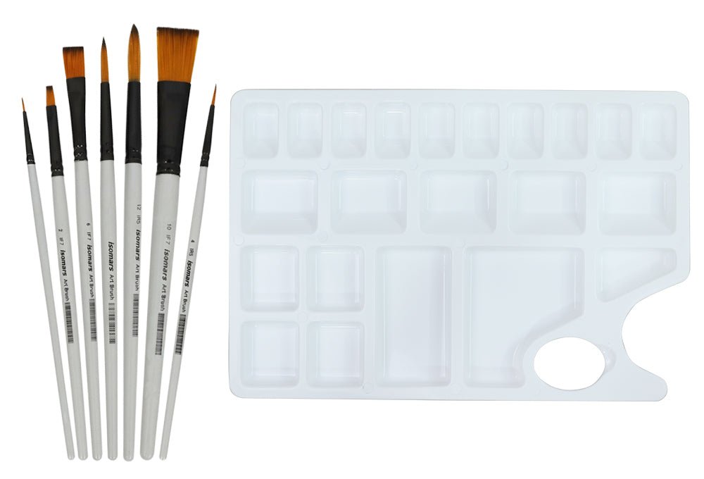 Isomars Paint Brush Set of 7 with Colour Mixing Palette Flat & Round Brush - Isomars