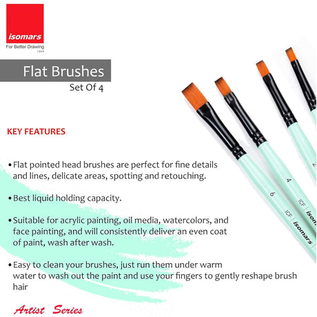 Isomars Paint Brushes Flat Brush Set of 4 | Professional Synthetic Art Brushes for Acrylic, Oil, Watercolor & Mixed Media Painting | Ideal for Artists, Students & Hobbyists - Isomars