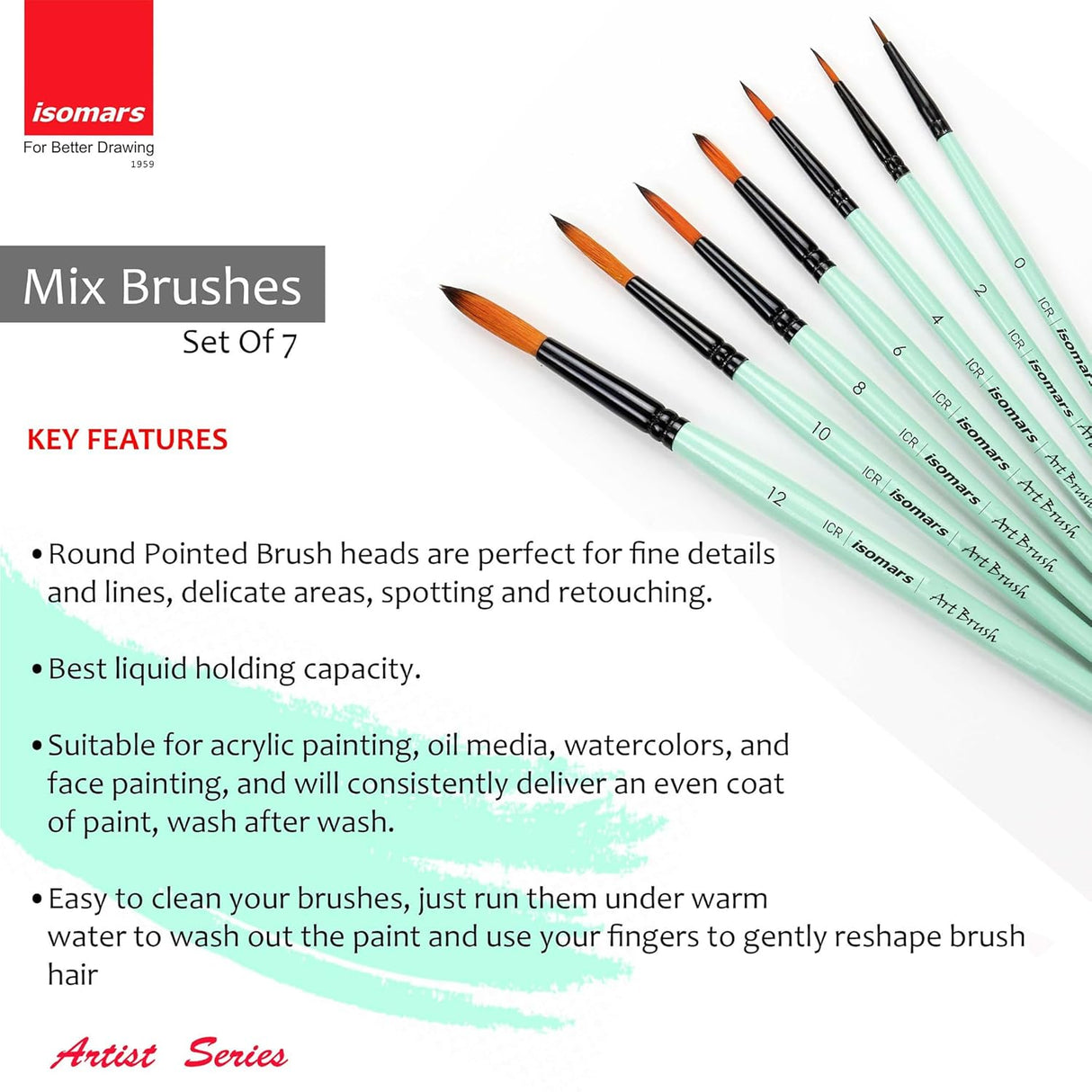 Isomars Paint Brushes Round Brush Set of 7 | Professional Synthetic Pointed Artist Brushes for Acrylic, Oil, Watercolor & Mixed Media Painting | Ideal for Artists, Students & Hobbyists - Isomars