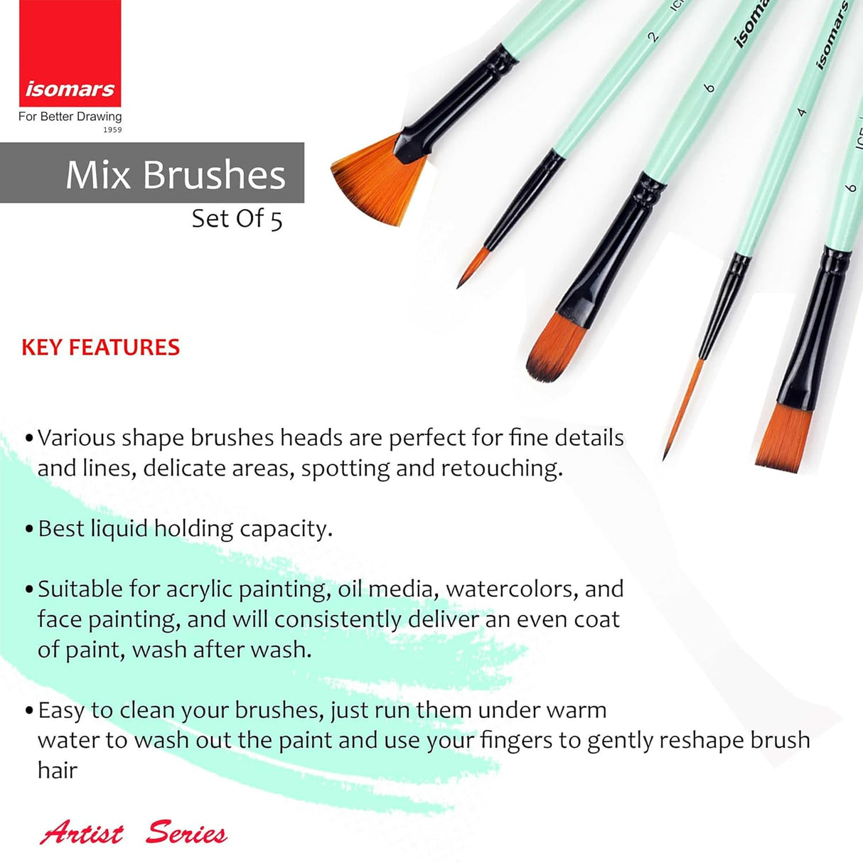 Isomars Paint Brushes Set of 5 Mixed Professional Brushes | Synthetic Artist Brush Assortment for Acrylic, Oil, Watercolor & Mixed Media Painting | Filbert, Fan, Round Liner, Flat & Round - Isomars