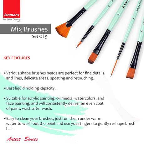 Isomars Paint Brushes Set of 5 Mixed Professional Brushes | Synthetic Artist Brush Assortment for Acrylic, Oil, Watercolor & Mixed Media Painting | Filbert, Fan, Round Liner, Flat & Round - Isomars