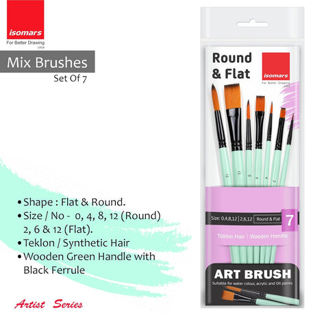 Isomars Paint Brushes Set of 7 Mixed Round & Flat Brushes | Premium Synthetic Artist Brush Combo for Acrylic, Oil, Watercolor & Mixed Media Painting | Ideal for Artists, Students & Hobbyists - Isomars