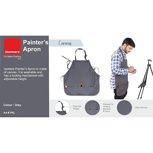 Isomars Painter’s Apron Grey Canvas Art Apron for Artists, Painters, Students & Crafters | Durable Protective Studio Apron with 3 Pockets | Regular Size 23.5 x 24.5 Inch - Isomars