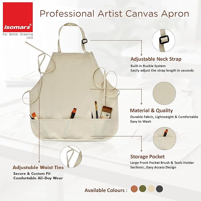 Isomars Painter’s Apron Grey Natural Canvas Art Apron with 3 Pockets | Full Coverage Protective Artist Apron for Painting, Pottery, Craft, DIY & Studio Work | Large 25.5 x 36.5 Inch - Isomars