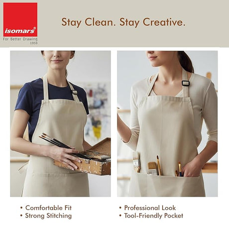 Isomars Painter’s Apron Grey Natural Canvas Art Apron with 3 Pockets | Full Coverage Protective Artist Apron for Painting, Pottery, Craft, DIY & Studio Work | Large 25.5 x 36.5 Inch - Isomars