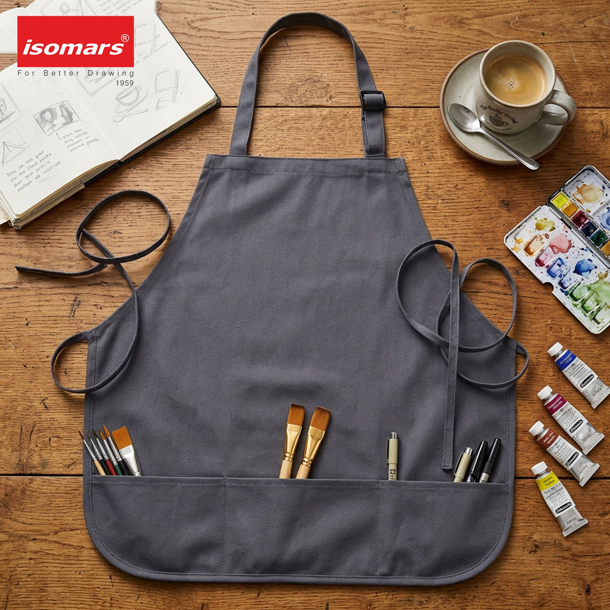 Isomars Painter’s Apron Large - Grey Canvas Art Apron with Front Pockets - Isomars