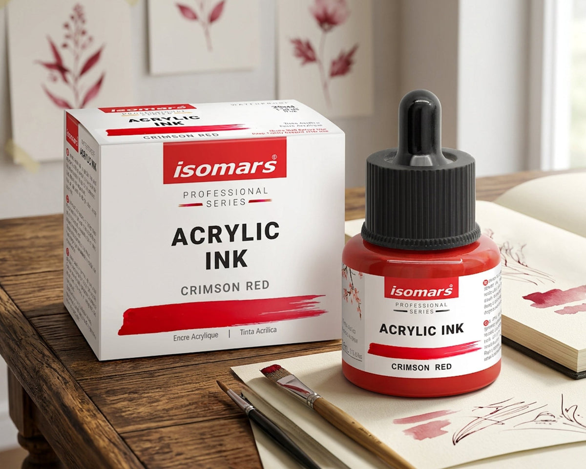 Isomars Professional Acrylic Ink Crimson Red 35 ml, Waterproof Dropper - Isomars