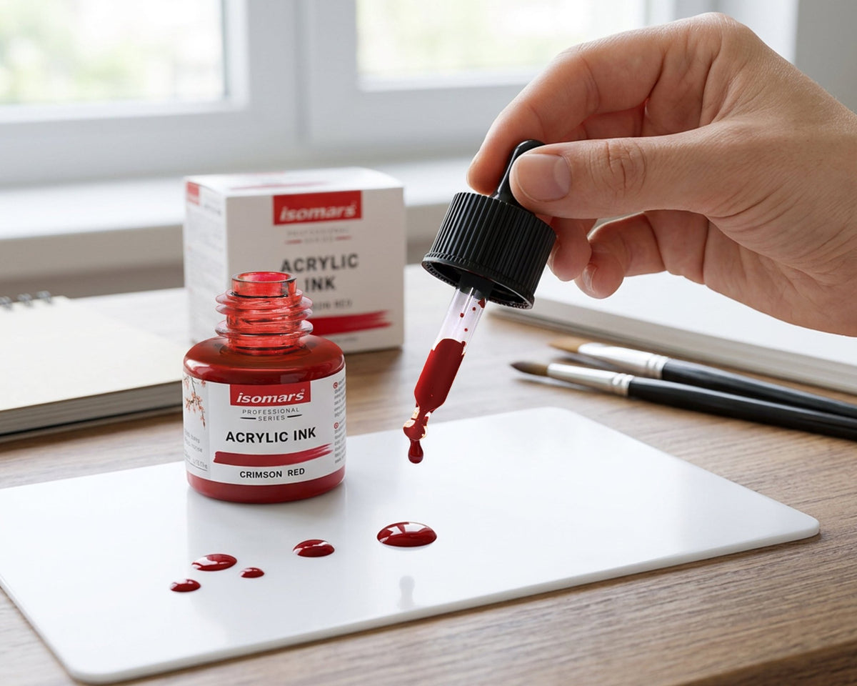 Isomars Professional Acrylic Ink Crimson Red 35 ml, Waterproof Dropper - Isomars