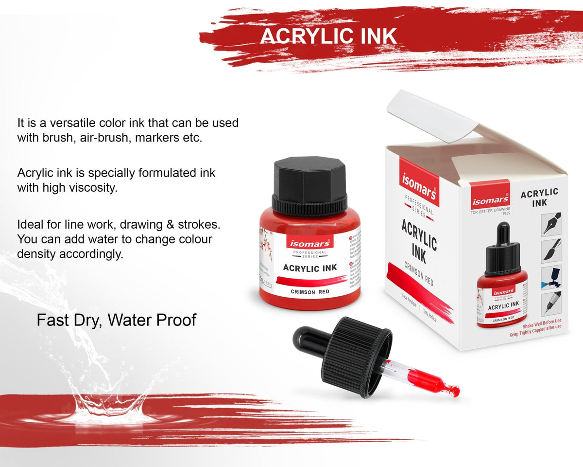 Isomars Professional Acrylic Ink Crimson Red 35 ml, Waterproof Dropper - Isomars