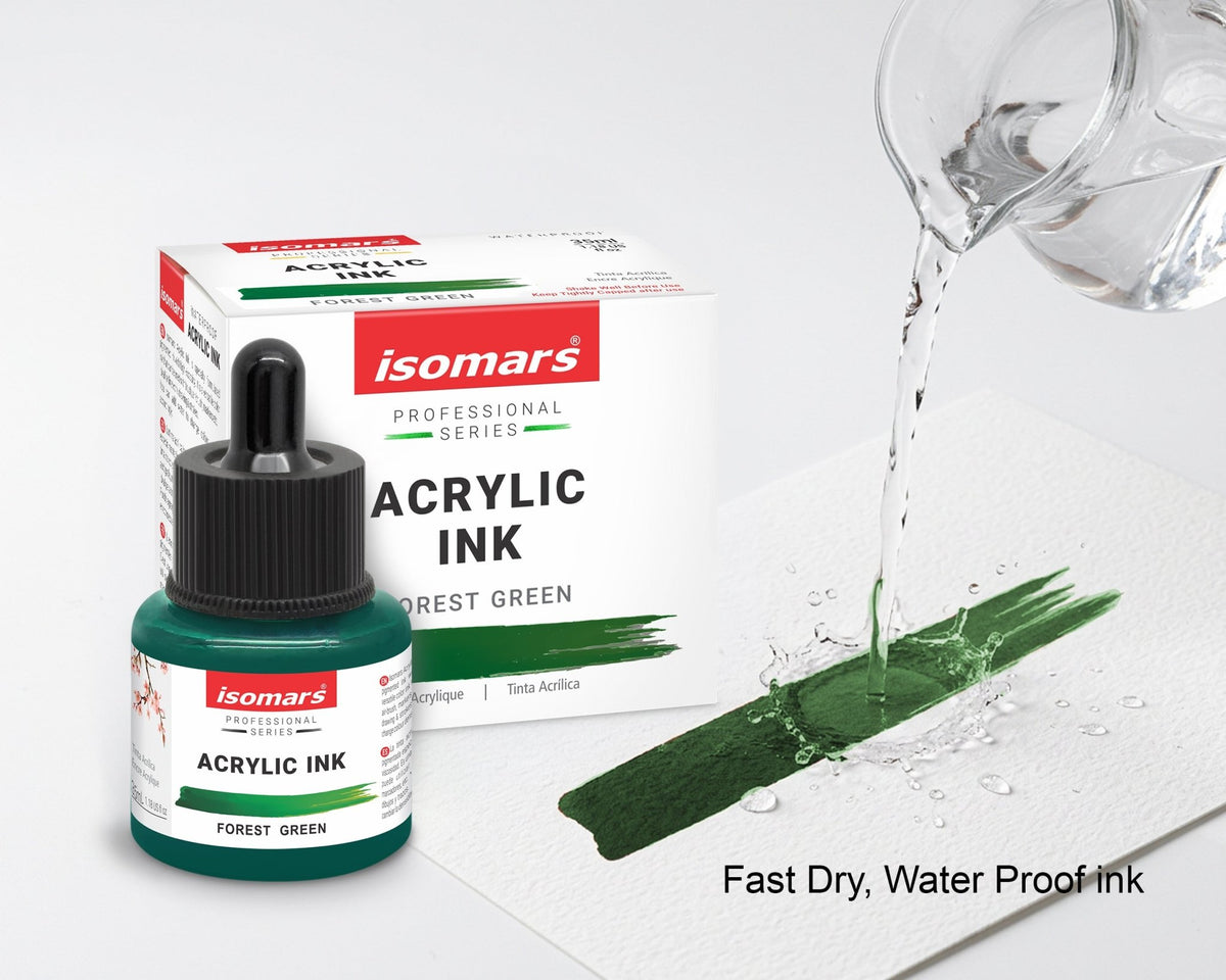 Isomars Professional Acrylic Ink Forest Green 35 ml, Waterproof Dropper - Isomars