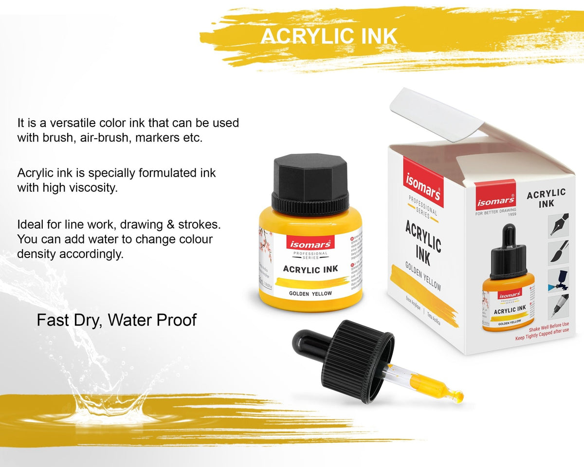 Isomars Professional Acrylic Ink Golden Yellow 35 ml, Waterproof Dropper - Isomars