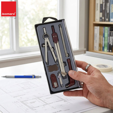 Isomars Professional Technical Drawing Drafting Compass Set of 8 | Precision Engineering & Architecture Geometry Instrument Kit with Divider, Extension Bar, Leads & Accessories - Isomars
