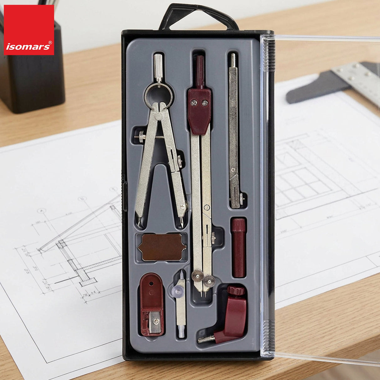 Isomars Professional Technical Drawing Drafting Compass Set of 8 | Precision Engineering & Architecture Geometry Instrument Kit with Divider, Extension Bar, Leads & Accessories - Isomars