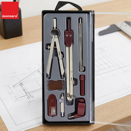 Isomars Professional Technical Drawing Drafting Compass Set of 8 | Precision Engineering & Architecture Geometry Instrument Kit with Divider, Extension Bar, Leads & Accessories - Isomars