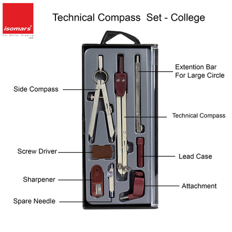 Isomars Professional Technical Drawing Drafting Compass Set of 8 | Precision Engineering & Architecture Geometry Instrument Kit with Divider, Extension Bar, Leads & Accessories - Isomars