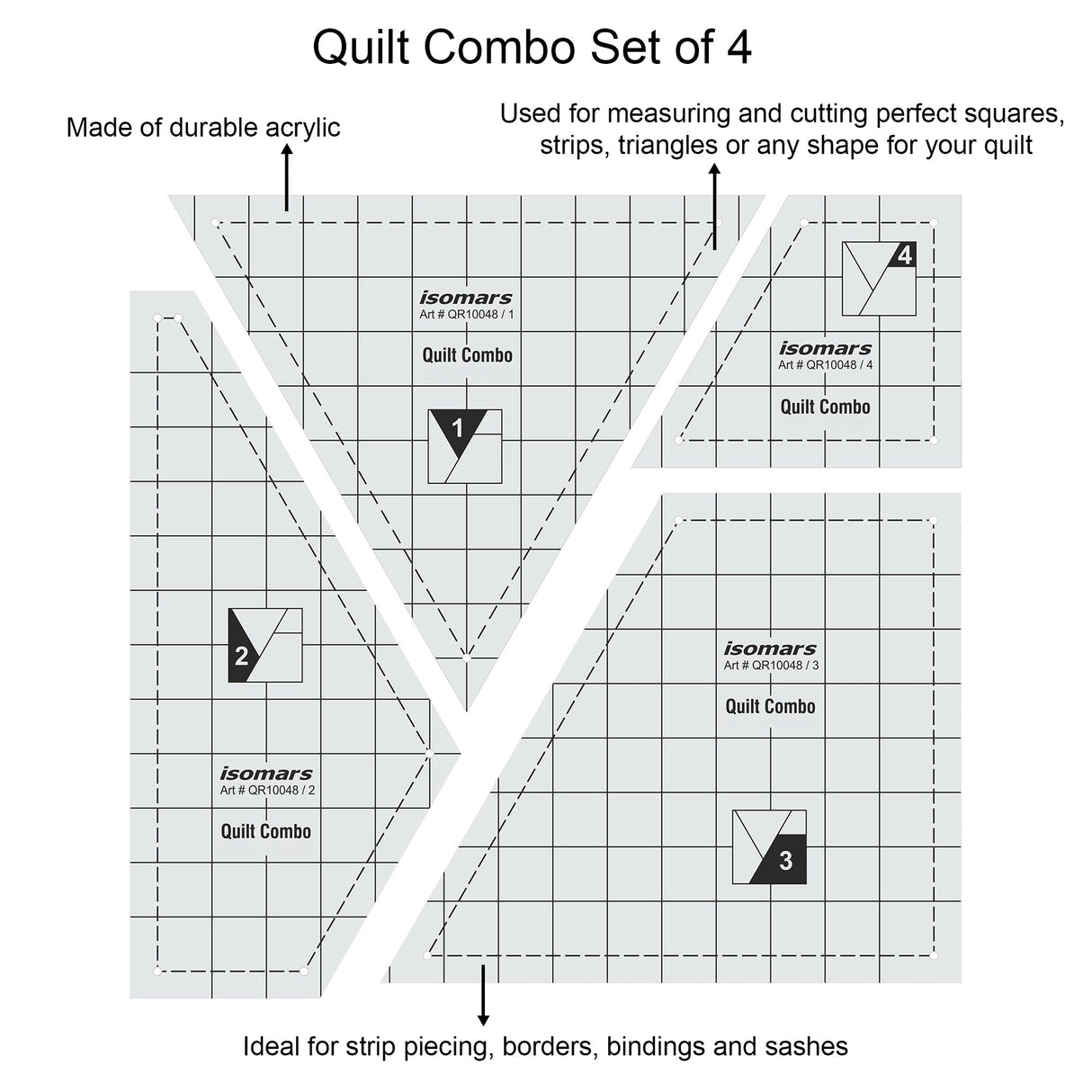 Isomars Quilt Ruler Set of 4 Acrylic Quilting Patchwork Templates - Isomars