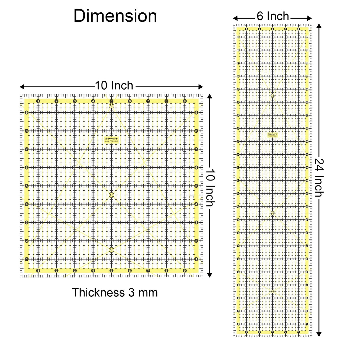 Isomars Quilting Ruler Set of 2 | 10 x 10 & 6 x 24 Inch Acrylic - Isomars