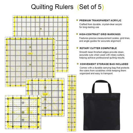 Isomars Quilting Ruler Set of 5 with Storage Bag, Clear Acrylic - Isomars